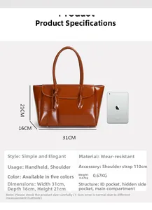Brown tote bag specifications showing 31x16x21cm size and 110cm strap for daily use