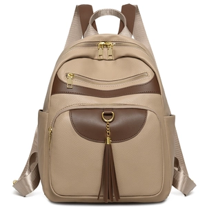 Large capacity khaki contrast leather backpack for women with tassels and multiple pockets