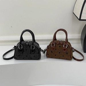 Polka dot tweed mini Boston bag in grey and brown colors with top handles and shoulder straps