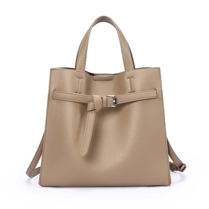 Classic tan soft leather tote bag with pebble texture and silver buckle detailing