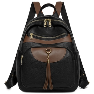 Vintage black lychee leather backpack with brown trim and metal chain tassel detail