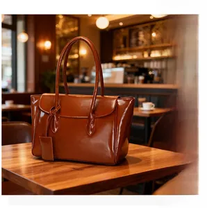 Brown oil-wax leather tote bag on wooden table with retro aesthetic and soft bokeh lighting