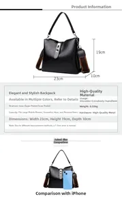 Detailed dimensions of black crocodile pattern bucket bag with wide strap and clasp