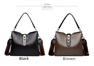 Comparison of black and brown vintage buckets bags with wide straps and metal buckles