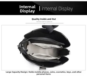 Interior view of the large bucket bag showing functional pockets and grey fabric lining