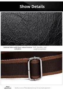 Detail of black lychee grain leather and adjustable brown striped woven shoulder strap