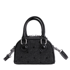 Classic black tweed boston bag with faux leather trim and silver metal hardware accents