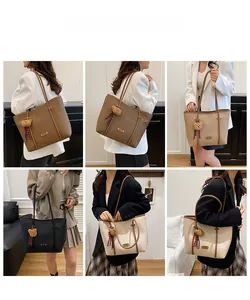Detailed views of leather tote bags in various colors with plush bear charm and ribbon