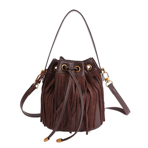 Vintage dark brown drawstring bucket bag with tassels and adjustable shoulder strap