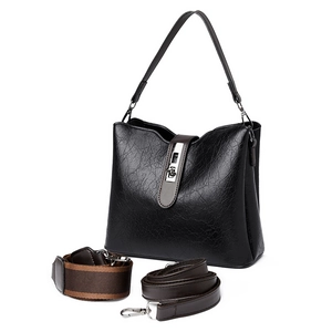 Large capacity black bucket bag with vintage texture and interchangeable wide straps
