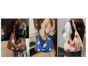 Detailed comparison of star-patterned suede shoulder bags in brown, blue, and pink colors