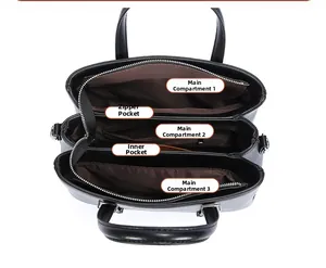 Detail view of the bag's triple main compartments and interior lining organization