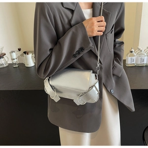 Detail of silver metallic crossbody bag with buckle elements on a chain strap