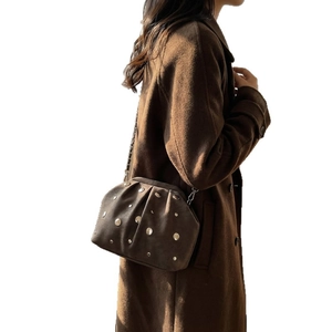 Brown suede shoulder bag with silver rivets and pleated chain design for women