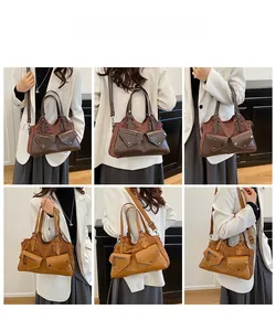 Detailed views of vintage brown satchel showing multi-pocket design and strap options