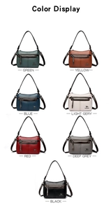 Detailed view of women's leather handbags in multiple colors with pebbled texture