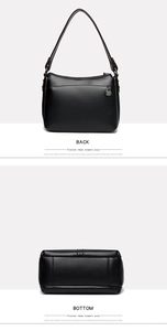 Detail of black lychee grain leather handbag showing smooth back and rectangular base