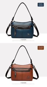 Detailed comparison of blue and tan crossbody bags featuring textured leather and metal logo
