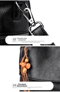 Détail du sac en cuir grainé noir avec crochets métalliques robustes et breloque orange