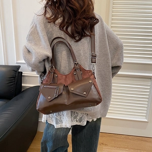 Retro motorcycle shoulder bag in brown faux leather and suede for autumn winter style