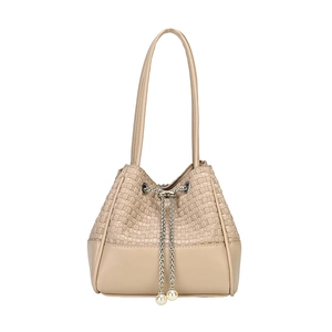 Beige crocodile texture bucket bag with woven leather detail and pearl drawstring chain
