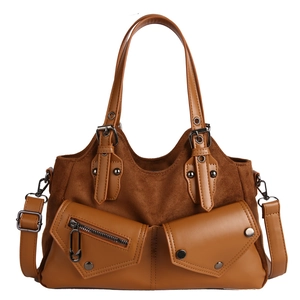 Vintage brown motorcycle handbag with multi-pockets and detachable shoulder strap