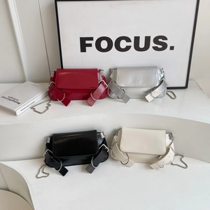 Retro PU Leather Crossbody Bag Glossy Metallic Finish With Large Buckles Silver Chain Strap Flap Shoulder Bag For Women