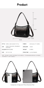Detailed size chart for black lychee leather handbag showing dimensions and comparison
