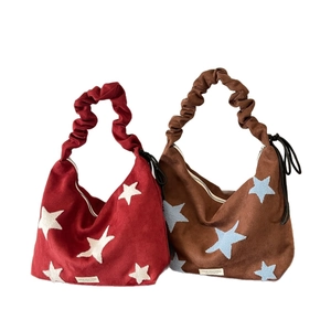 Star embroidery suede shoulder bags in burgundy and caramel with ruched handles