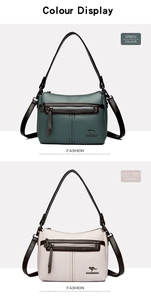Detail of green and light grey pebbled leather handbags with kangaroo logo and zip pocket