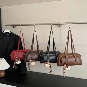 Women Vintage PU Leather Shoulder Bag Underarm Rectangular Square Handbag With Plush Charm Retro Style Fashionable