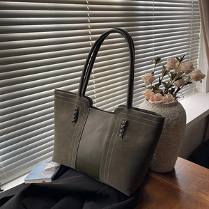 Bolso Tote de Cuero PU Vintage para Mujer Costura de Contraste Detalle Tejido Gran Capacidad Bolso de Hombro