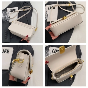 Detail shots of off-white leather square bag showing metal lock and interior pocket