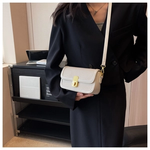 Detail of cream-colored pebble leather texture and gold metal twist lock on a square bag