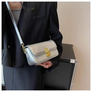 Close-up of silver textured leather crossbody bag with golden rectangular turn-lock buckle