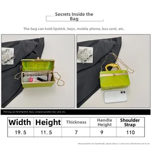 Detailed size chart for green acrylic evening bag with structured dimensions and chain