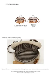Détail des sacs en laine d'agneau et fourrure de lapin avec ornements 3D et doublure rayée