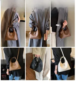 Detail shots of minimalist bucket bag with metal twist lock in four classic colors