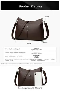 Detailed size chart of minimalist crossbody bag with iPhone 12 for scale comparison