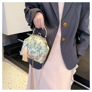 Detail of light green silk evening bag with vintage Chinese pattern and gold chain strap