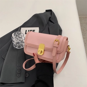 Pink crossbody square bag with crackle texture leather and gold metal buckle lock