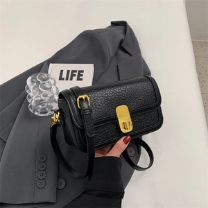 Classic black litchi pattern leather crossbody square bag with gold vertical metal lock