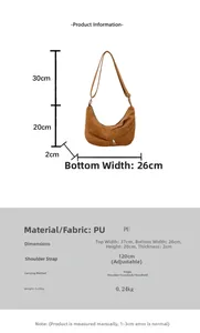 Detailed dimension chart for brown crescent PU crossbody bag with adjustable strap sizes