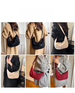 Collage of model carrying casual suede half-moon bags in black, beige, and burgundy