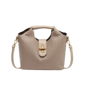 Elegant woven beige shoulder bag with retro gold clasp and diamond pattern texture