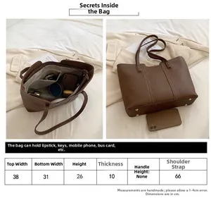 Size chart showing dimensions for a large brown lychee leather tote bag for daily commute