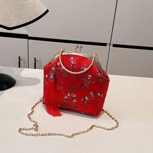 Red retro satin evening bag with Chinese folk print, gold metal clasp and long silk tassel