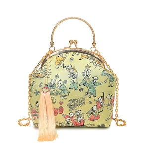Retro Chinese style evening bag with traditional embroidery, metal handle and gold chain