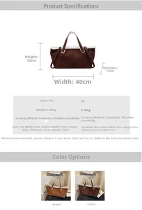 Detail view of suede tote with faux shearling trim showing size specs and dimensions