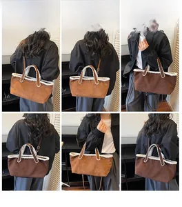 Brown suede tote bag with faux fur trim shown in shoulder, crossbody and handbag styles